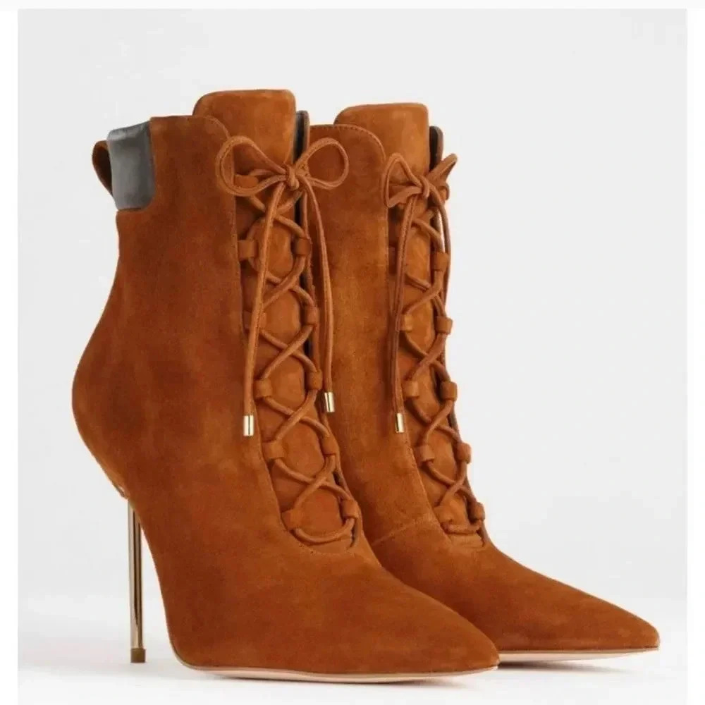 Good American Booties Suede Tobacco Cognac Lace Up Scandal 9 - Picture 2 of 7